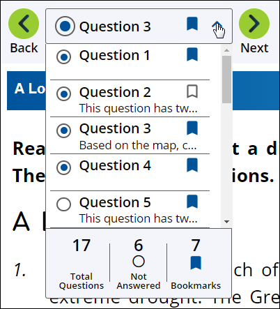 An image of the question navigation bar with the drop down open