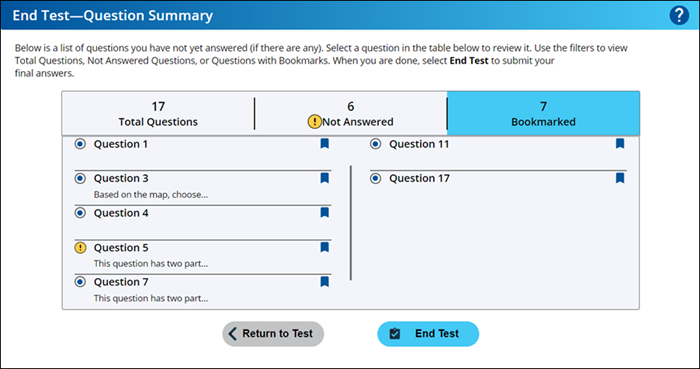 An image of the question summary page with bookmark icons engaged