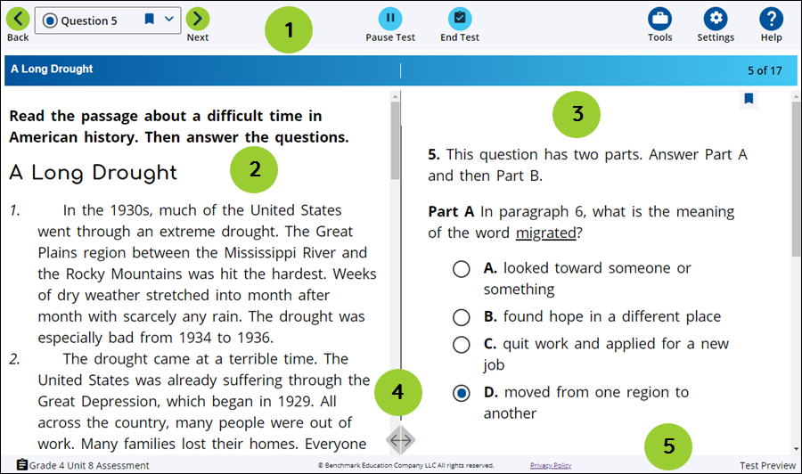 An image of the Test Taker screen with numbers that correspond to the graph below the image. Number One is next to the Toolbar. Number Two is next to the Passage area. Number Three is next to the Question area. Number Four is next to the Passage/Question arrows. Number Five is next to the Footer, which is the bottom of the test.