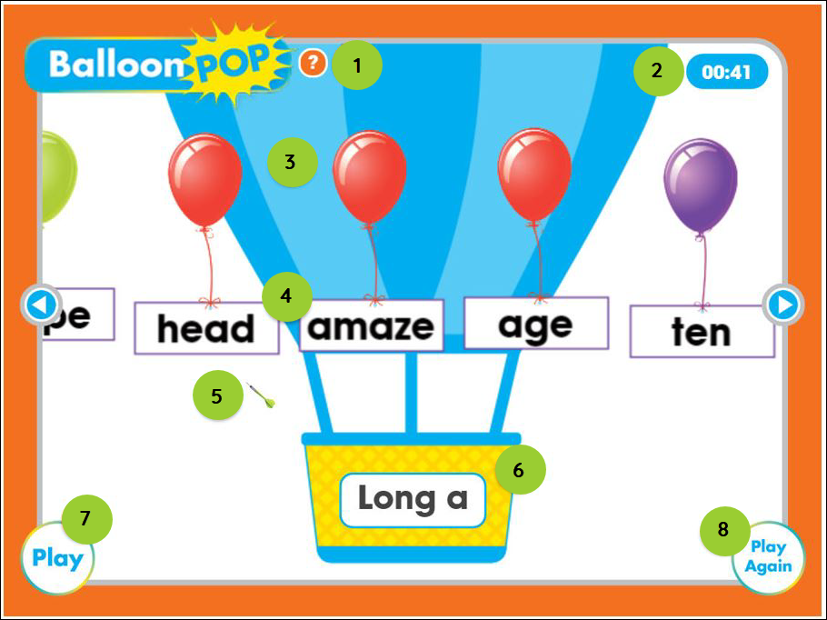 An image of the Balloon Pop game with numbered balloons that correspond to the table below.