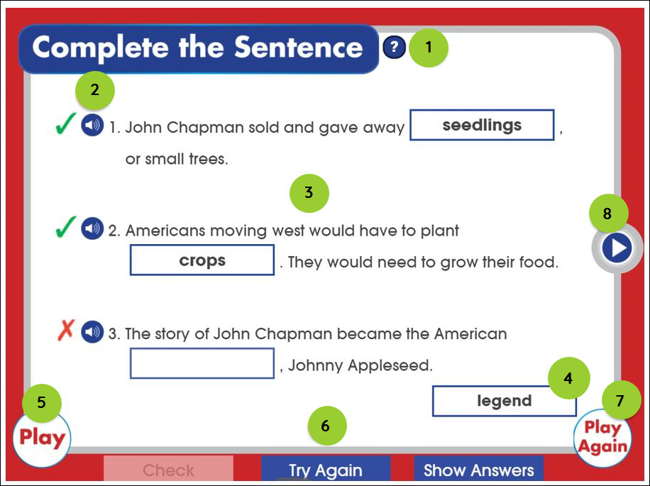 An image of the Complete the Sentence game with numbered balloons that correspond to the table below.