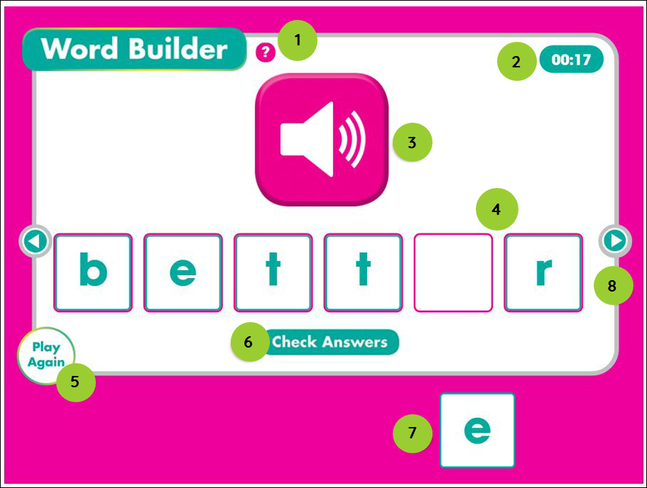 An image of the Word Builder game with numbered balloons that correspond to the table below.