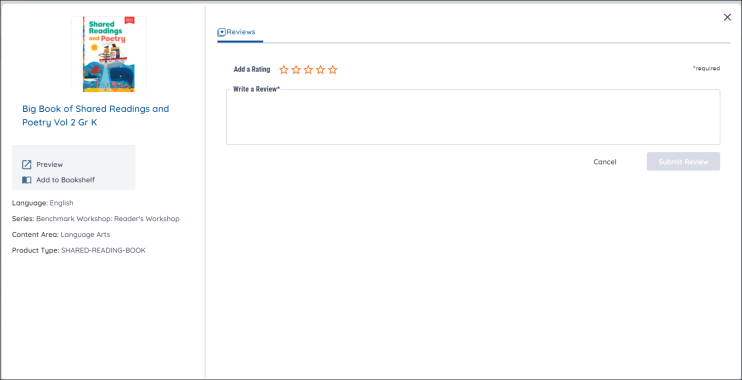an image of the Resource Options modal, with the review tab displaying a review.