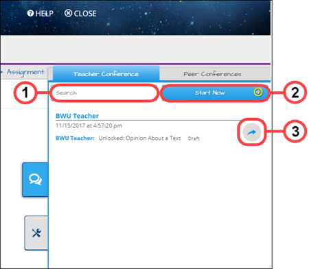 An image of the Teacher Conference tab with numbers that correspond to the numbers below the image. Number One is next to the Search bar. Number Two is next to the Start New button. Number Three is next to the send button. Number Four is next to the Project Status.